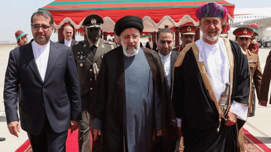 Sultan of Oman Haitham Bin Tariq Al Said welcoming Iran's President Ebrahim Raisi 