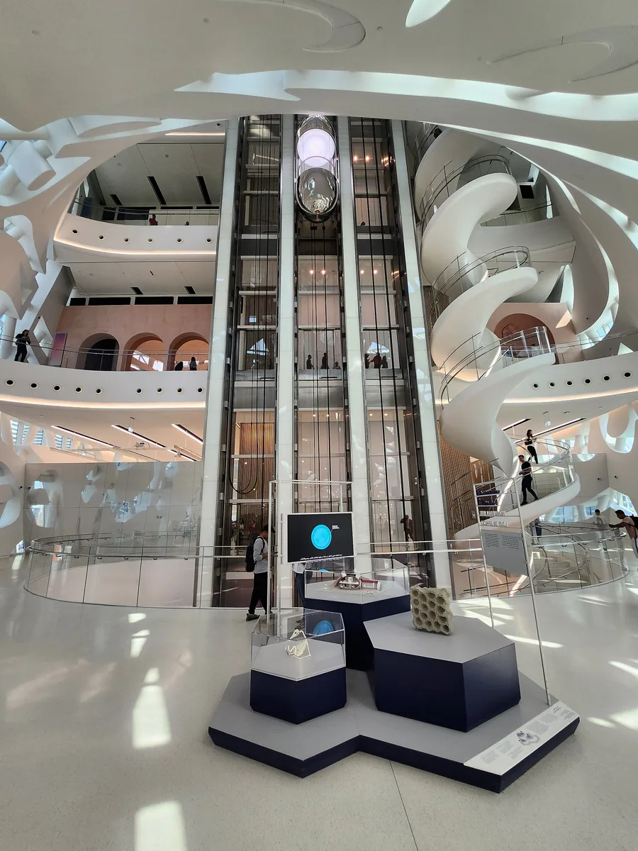 Interior atrium and escalators at the Museum of the Future in Dubai