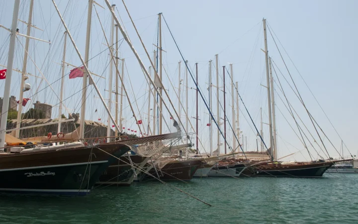 Sailing boats and masts in Bodrum marina, Türkiye