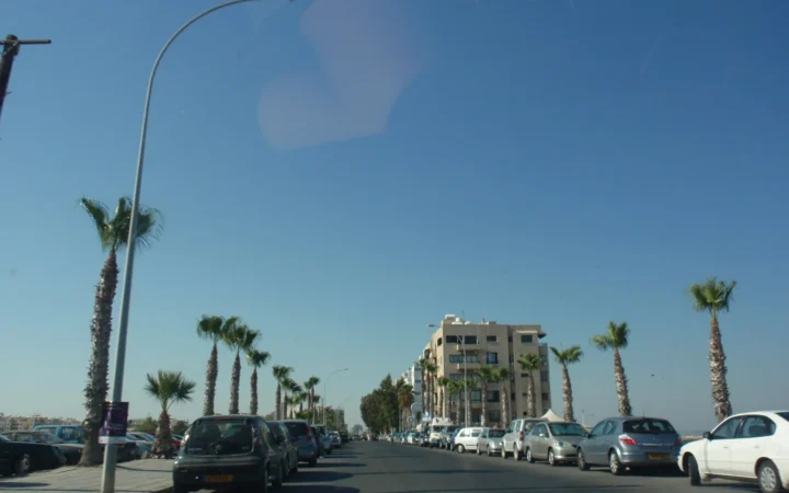 Road and palm trees near Mackenzie in Larnaca