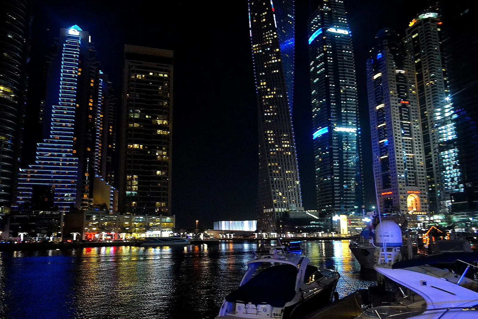 Dubai Marina waterfront and illuminated towers at night