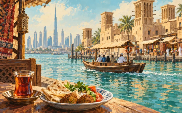 Original illustration of a wooden Dubai Creek abra, souk buildings and a simple street-food meal