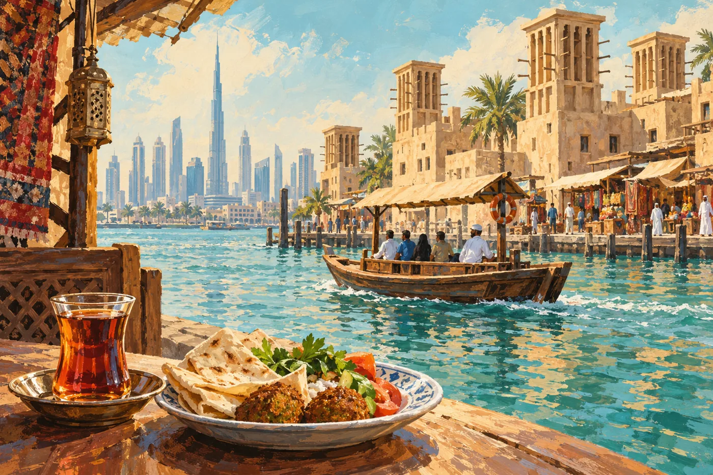 Original illustration of a wooden Dubai Creek abra, souk buildings and a simple street-food meal