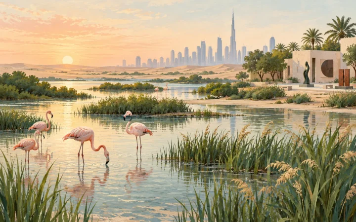 Original conceptual illustration of flamingos, Dubai wetlands, desert lakes and a quiet arts courtyard