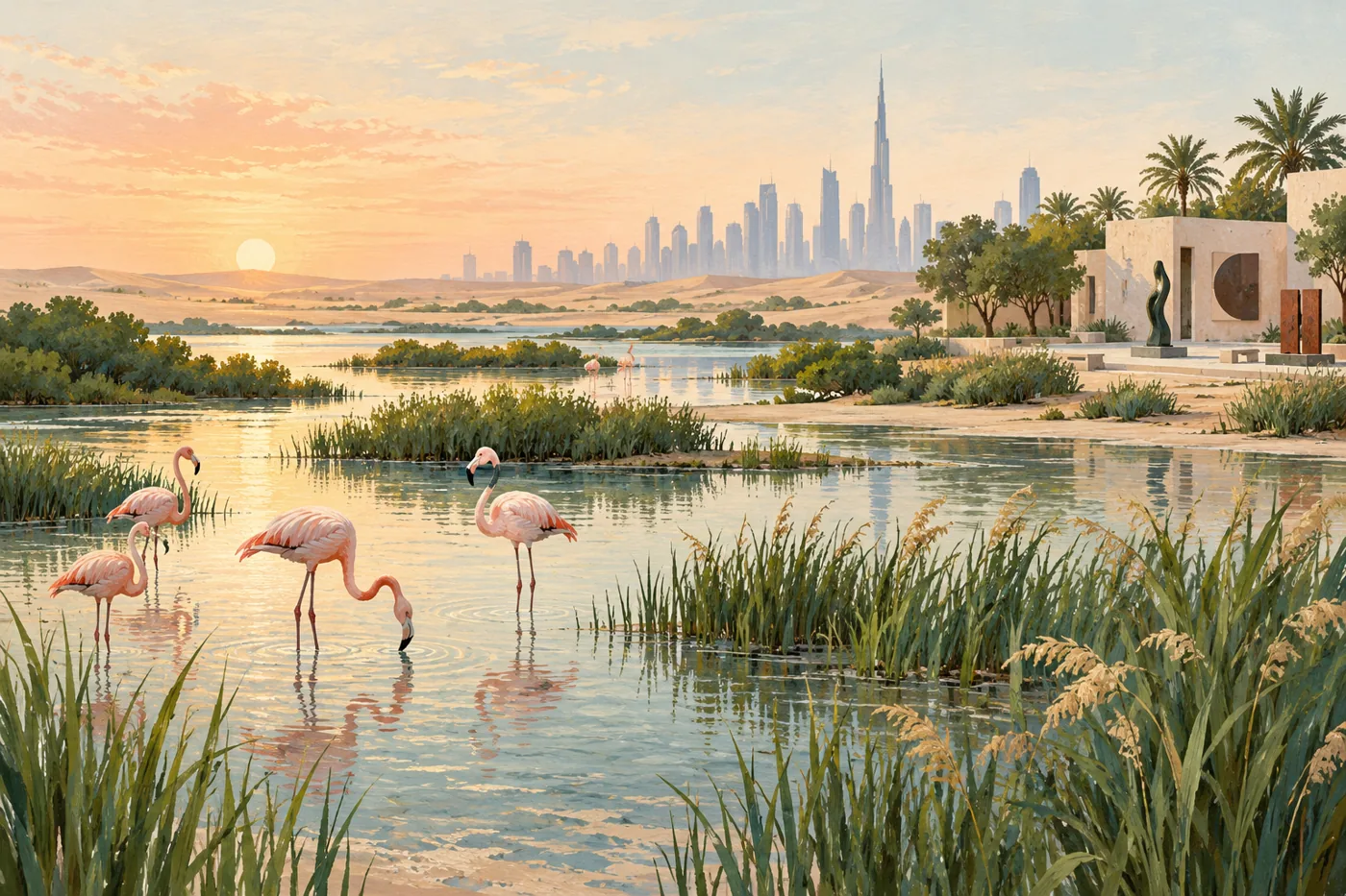 Original conceptual illustration of flamingos, Dubai wetlands, desert lakes and a quiet arts courtyard