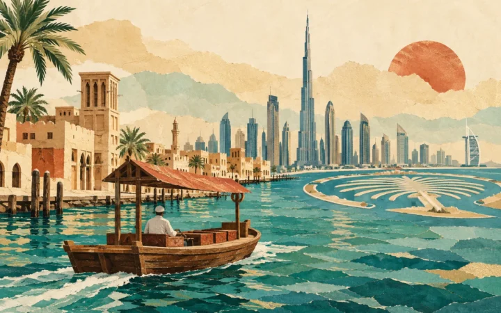 Original editorial illustration combining Dubai Creek, a wooden abra and a stylized modern skyline
