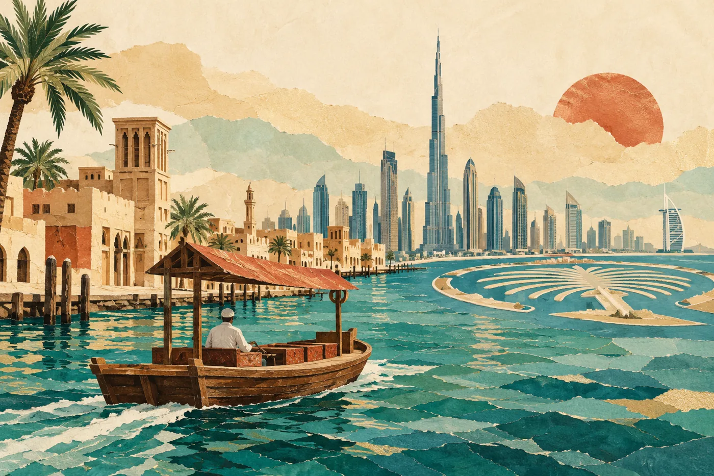 Original editorial illustration combining Dubai Creek, a wooden abra and a stylized modern skyline