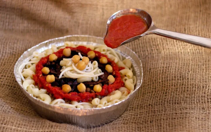 Plate of Egyptian koshary with its toppings