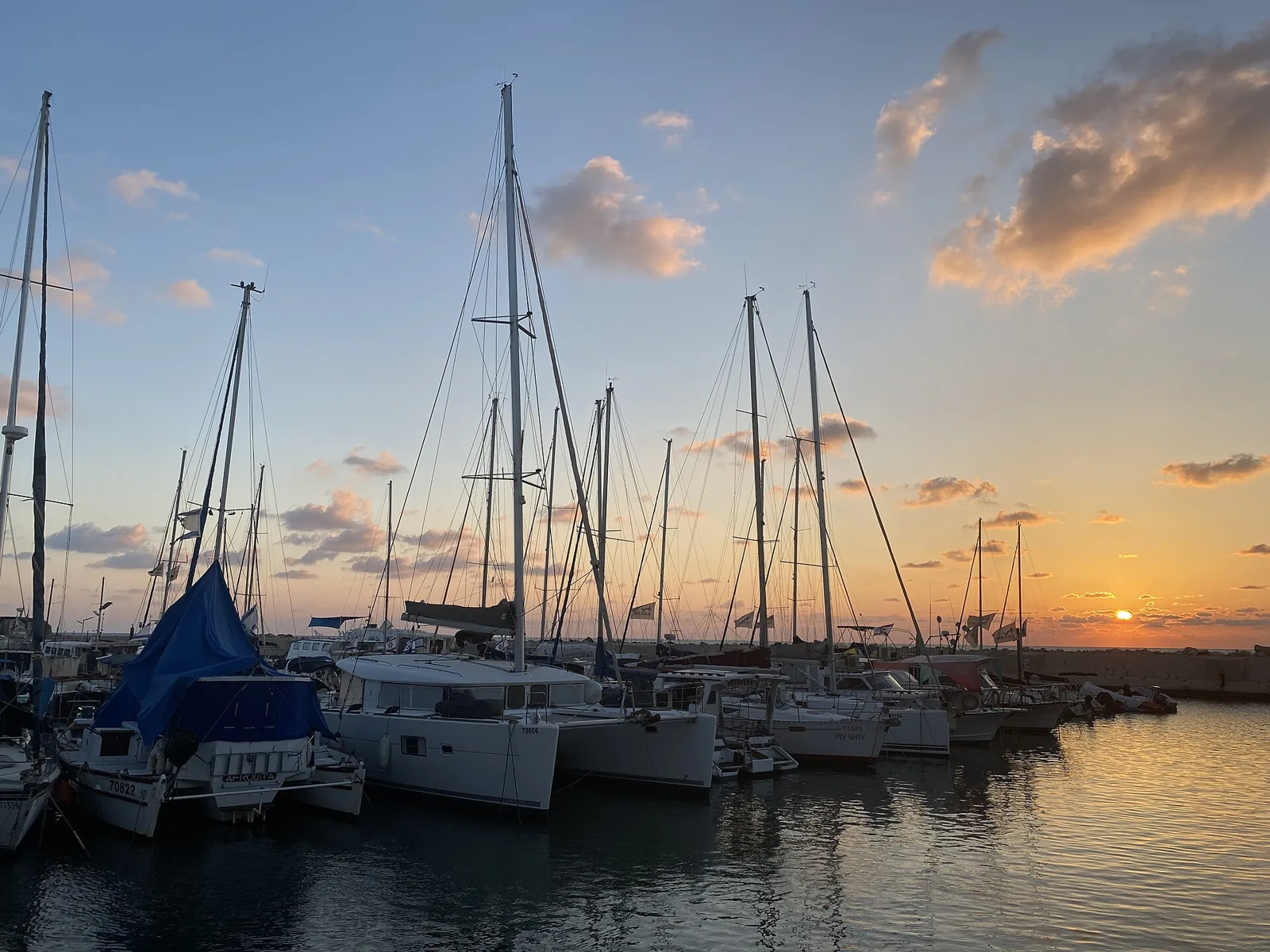Boats and waterfront at Jaffa port in evening light