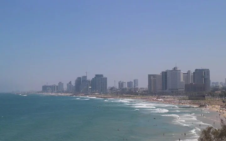 Tel Aviv coastline and skyline in a documented photograph
