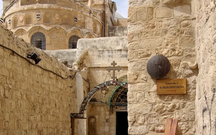 Approach to the Church of the Holy Sepulchre with a dome visible in Jerusalem