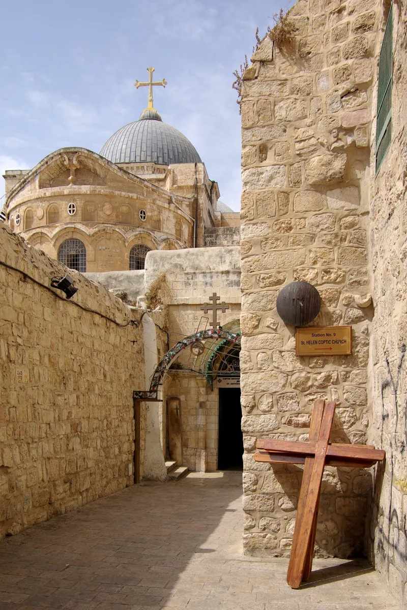 Approach to the Church of the Holy Sepulchre with a dome visible in Jerusalem