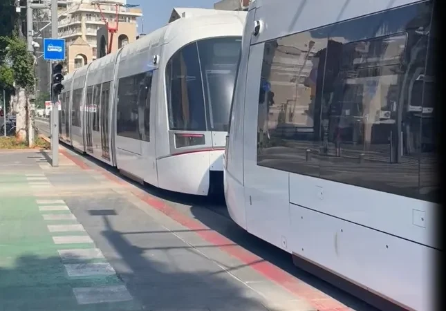 Tel Aviv light rail during a documented test run in Jaffa in November 2022