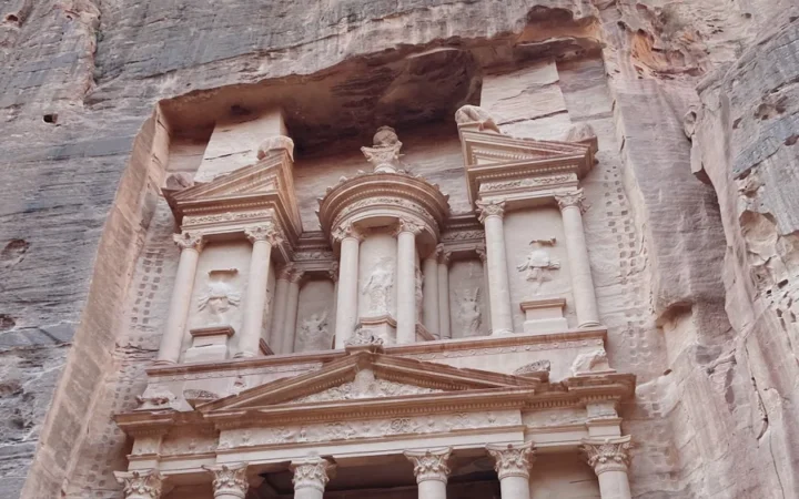 The Treasury carved sandstone facade at Petra in Jordan