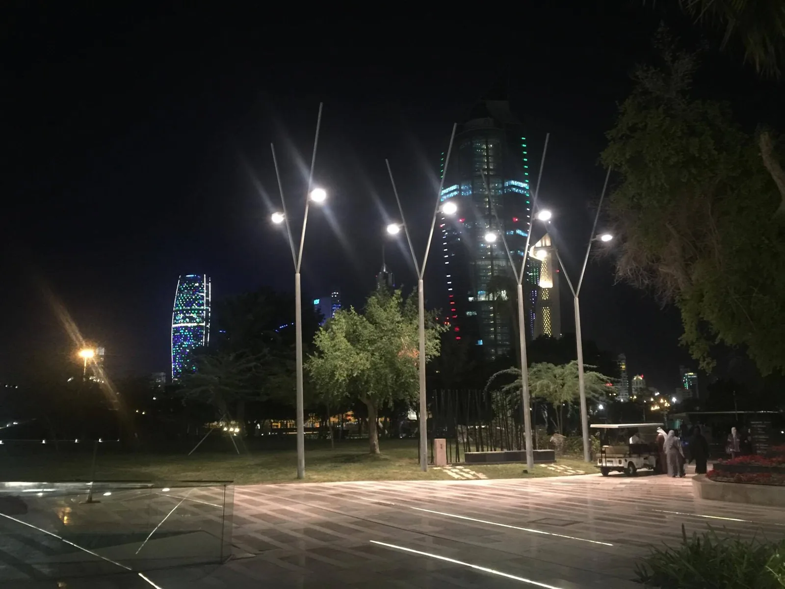 Palm-lined paths and lights in Al Shaheed Park, Kuwait