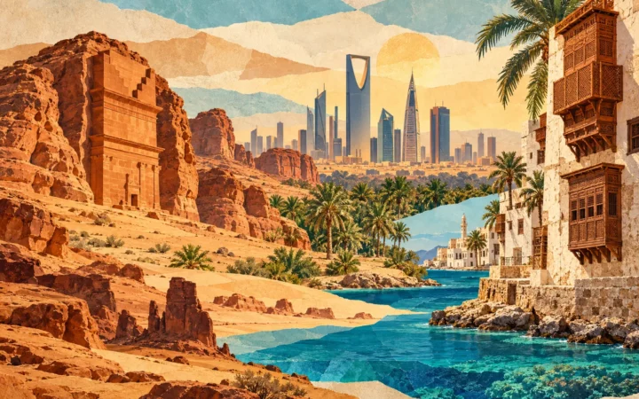 Original illustration combining AlUla sandstone, Riyadh skyline, a Jeddah roshan house, an oasis and Red Sea water