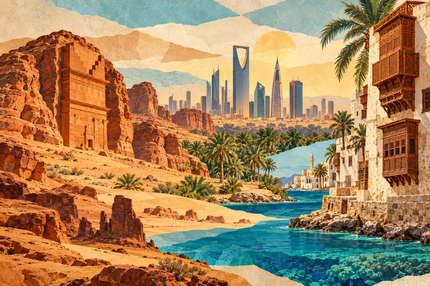 Original illustration combining AlUla sandstone, Riyadh skyline, a Jeddah roshan house, an oasis and Red Sea water
