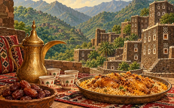 Original illustration of Saudi coffee, dates and a rice meal with stylized Asir stone village towers and mountain terraces