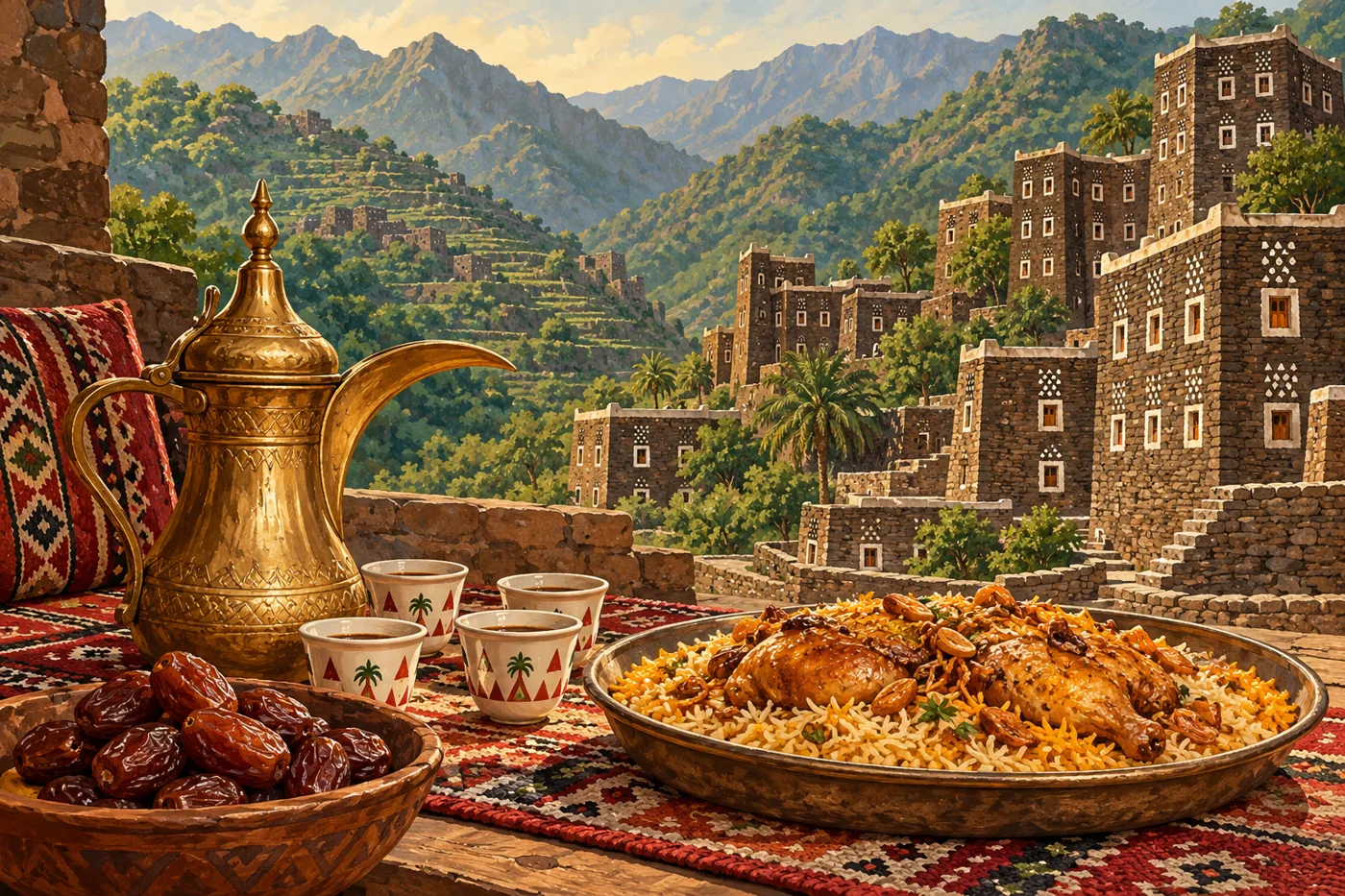 Original illustration of Saudi coffee, dates and a rice meal with stylized Asir stone village towers and mountain terraces
