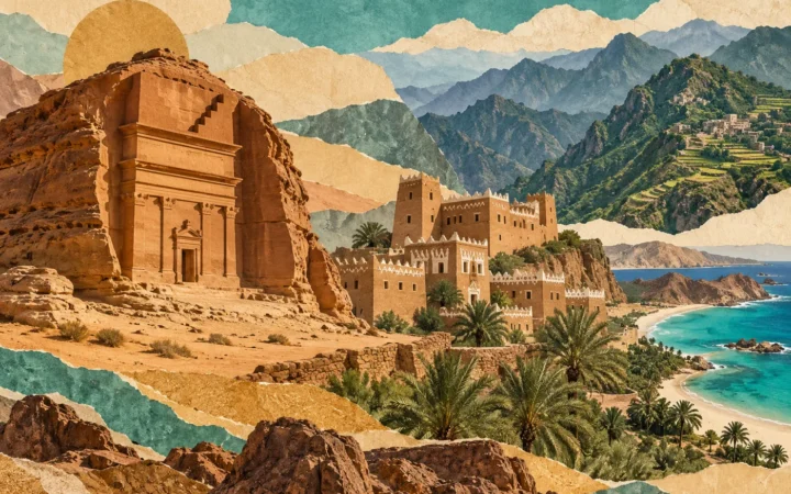 Original conceptual illustration of Hegra-inspired sandstone heritage, Saudi earthen architecture, mountain landscapes and a turquoise coast