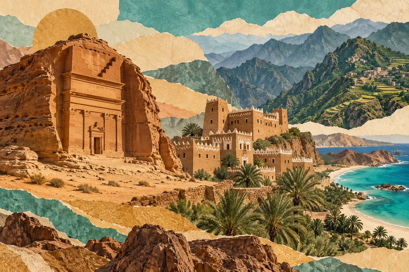 Original conceptual illustration of Hegra-inspired sandstone heritage, Saudi earthen architecture, mountain landscapes and a turquoise coast