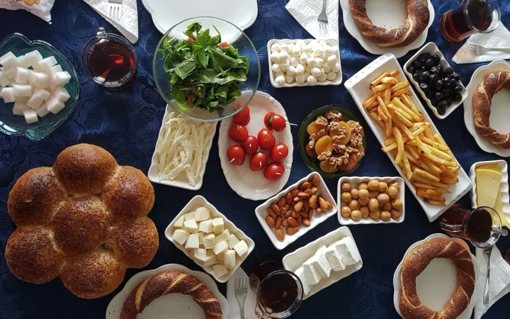 Traditional Turkish breakfast spread viewed from above