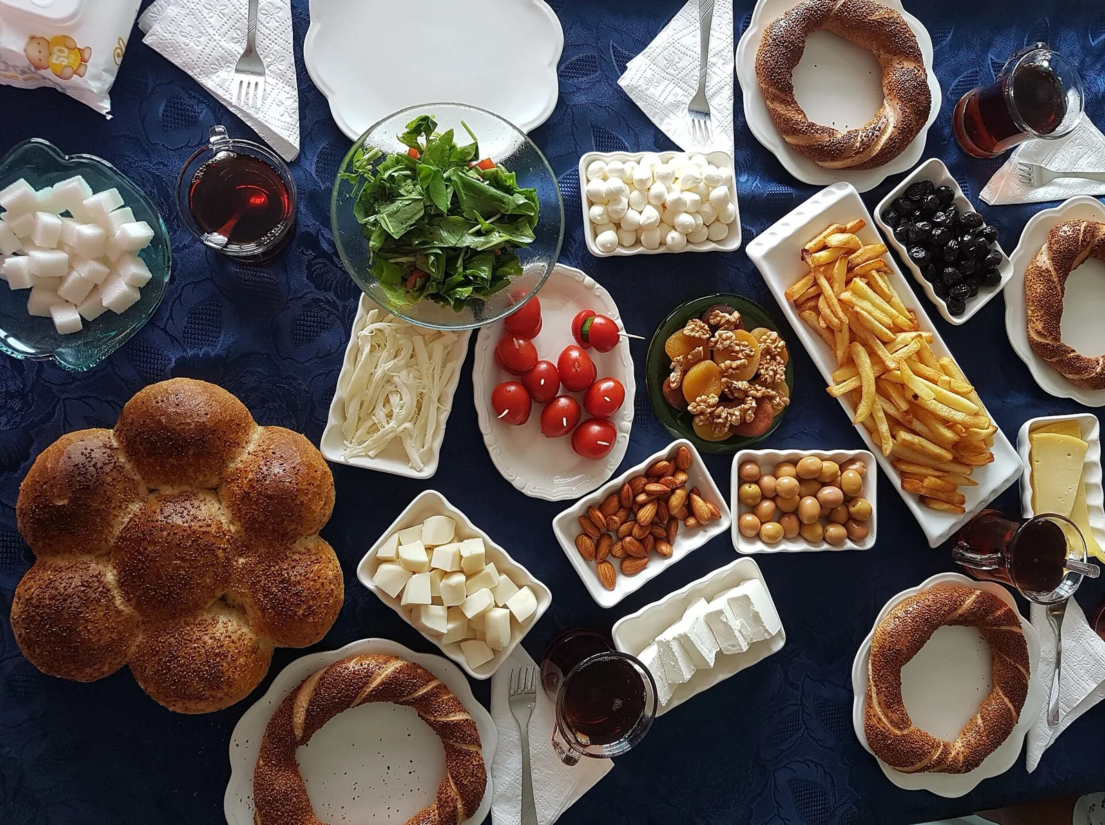Traditional Turkish breakfast spread viewed from above