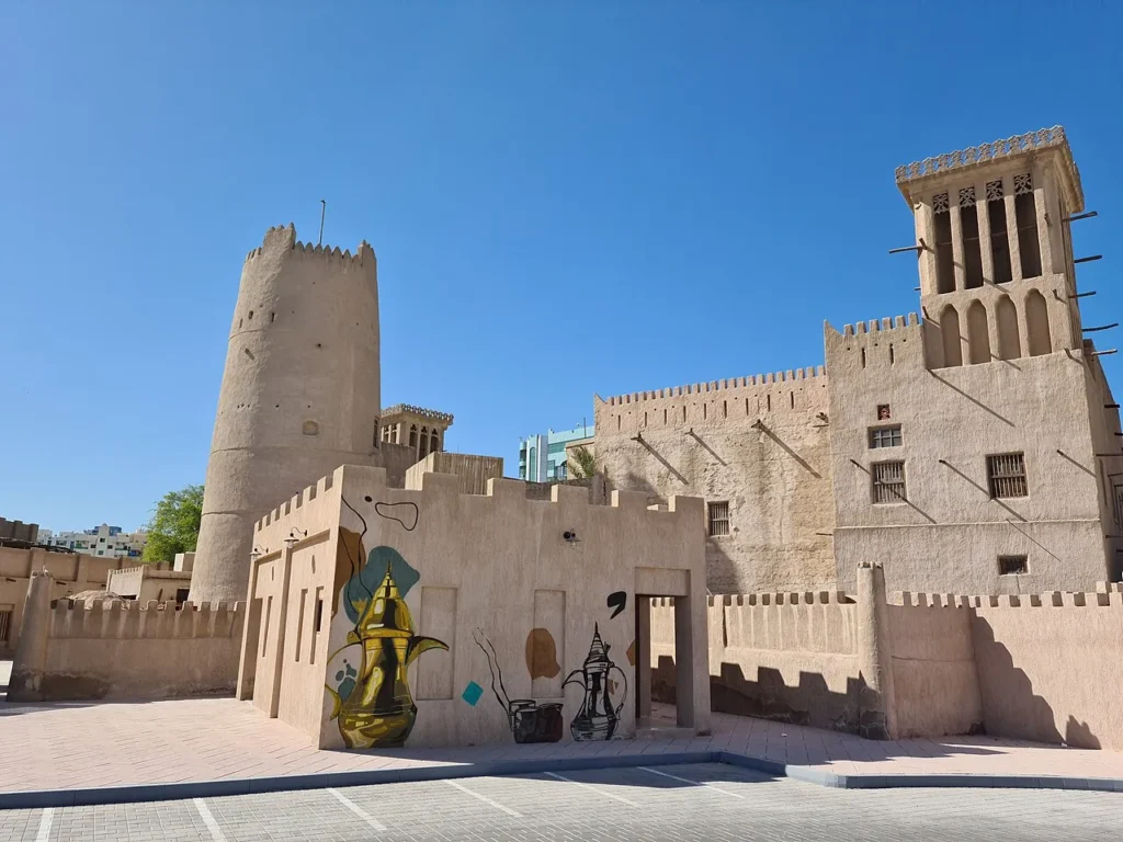 Ajman Fort with a watchtower and wind tower